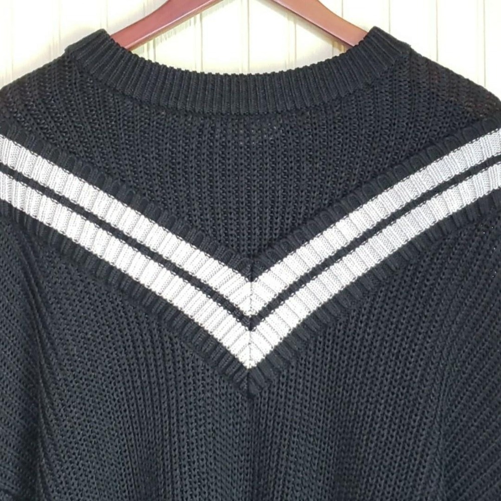 Tommy Hilfiger Sweater Tunic Womens L Black Crew Neck Striped Chunky Knit